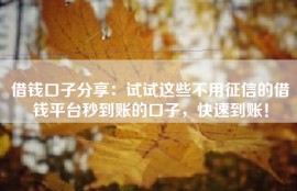 借钱口子分享：试试这些不用征信的借钱平台秒到账的口子，快速到账！